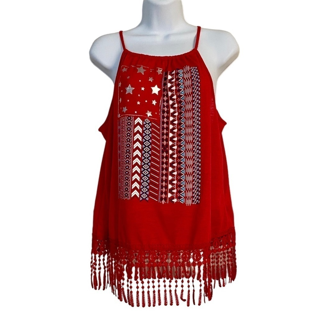 Patriotic Red Halter Top Tassel Shirt Junior XL (15-17) Summer Casual